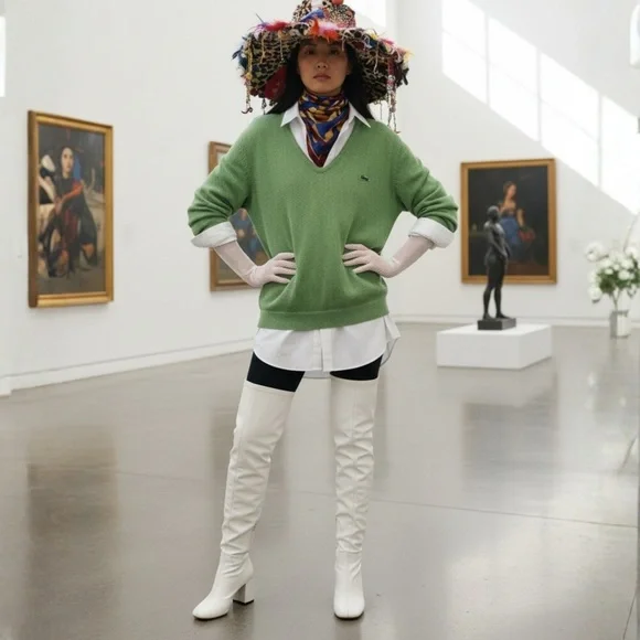 Vintage Izod V-Neck Sweater 70s Green Alligator Logo Preppy Old Money L - Picture 5 of 10